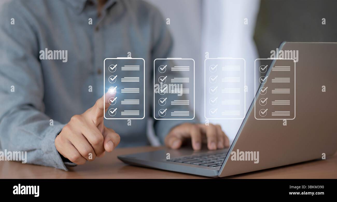 Konzepte und Checklisten für die Verwaltung von Geschäftsdokumenten Datencheckliste, Geschäftsentwicklung Stockfoto