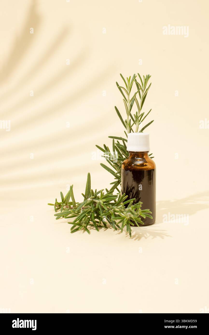 Flasche ätherisches Öl mit frischem Rosmarin auf beigefarbenem Hintergrund. Naturkonzept. Stockfoto