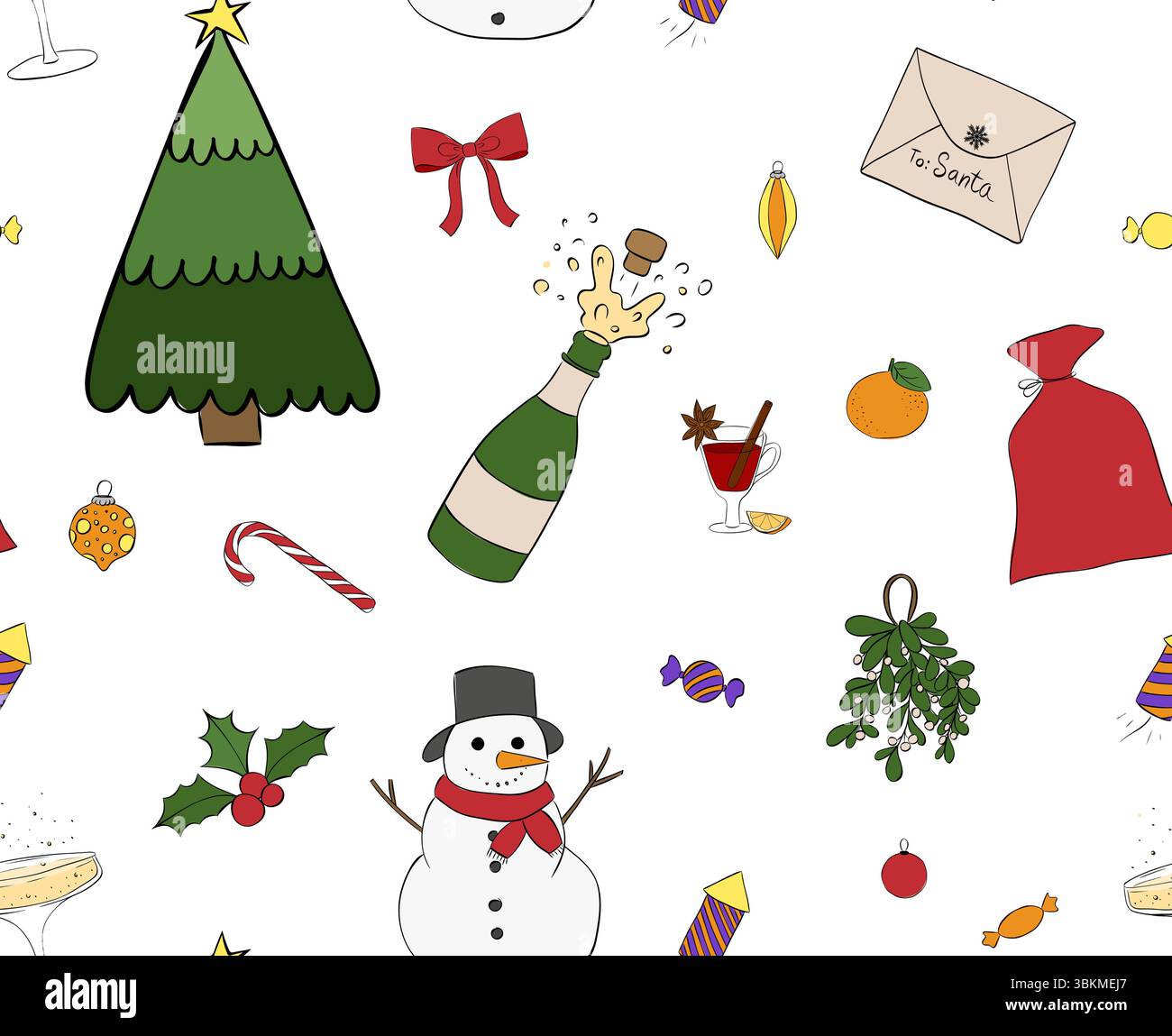 Nahtloses Muster mit Weihnachtsbaum, Schneeflocke, goldenem Stern. Weihnachten, neues Jahr Design Vektor-Grafiklinie Tinte Illustration. Niedlich handgezeichnet flach de Stock Vektor