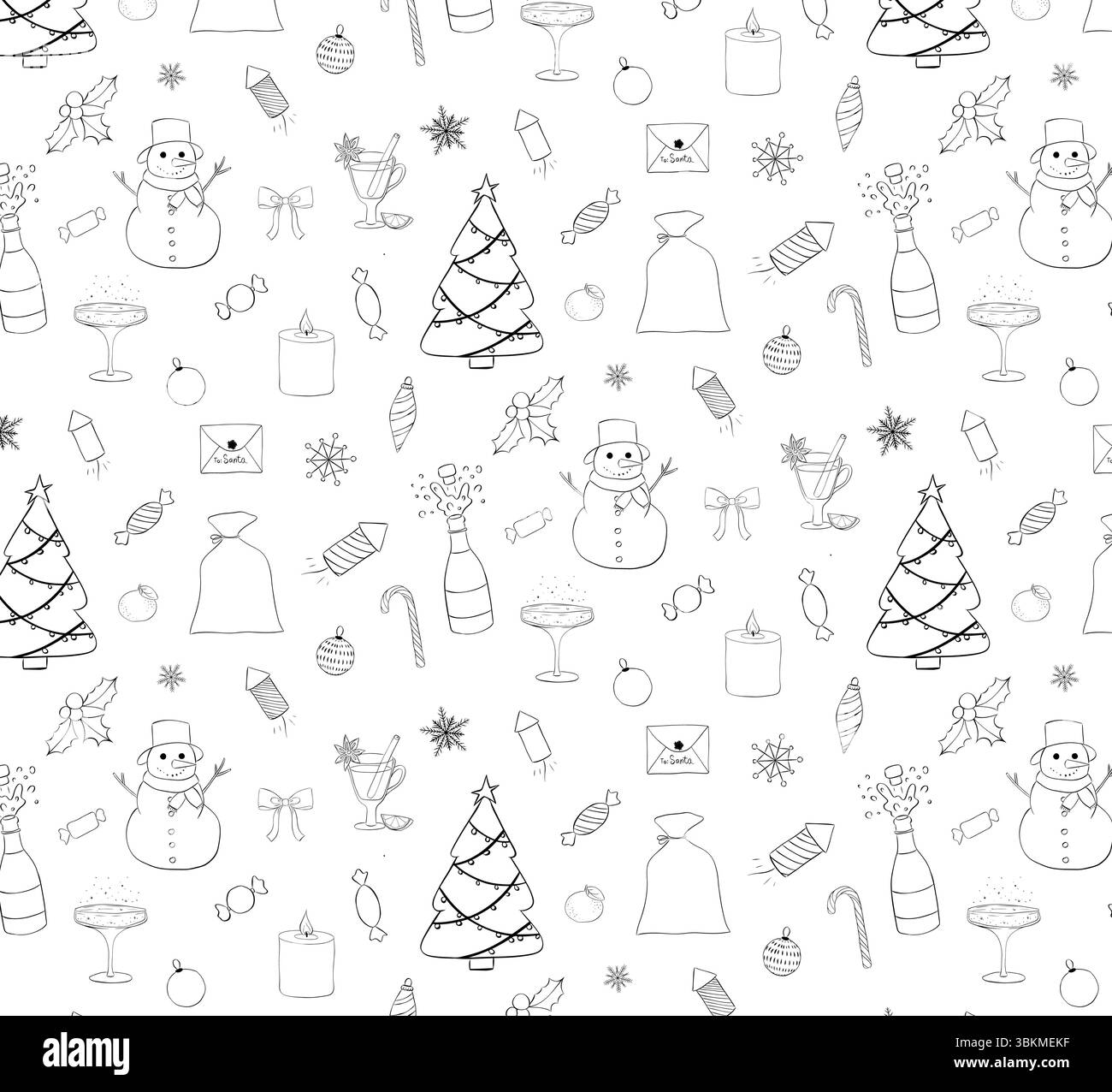 Nahtloses Muster mit weihnachtlichen Symbolen. Abbildung der grafischen Vektorfarbe. Silhouettenzeichen für Logo, Druck, Comics, Mode, Pop Art, Boards, DE Stock Vektor