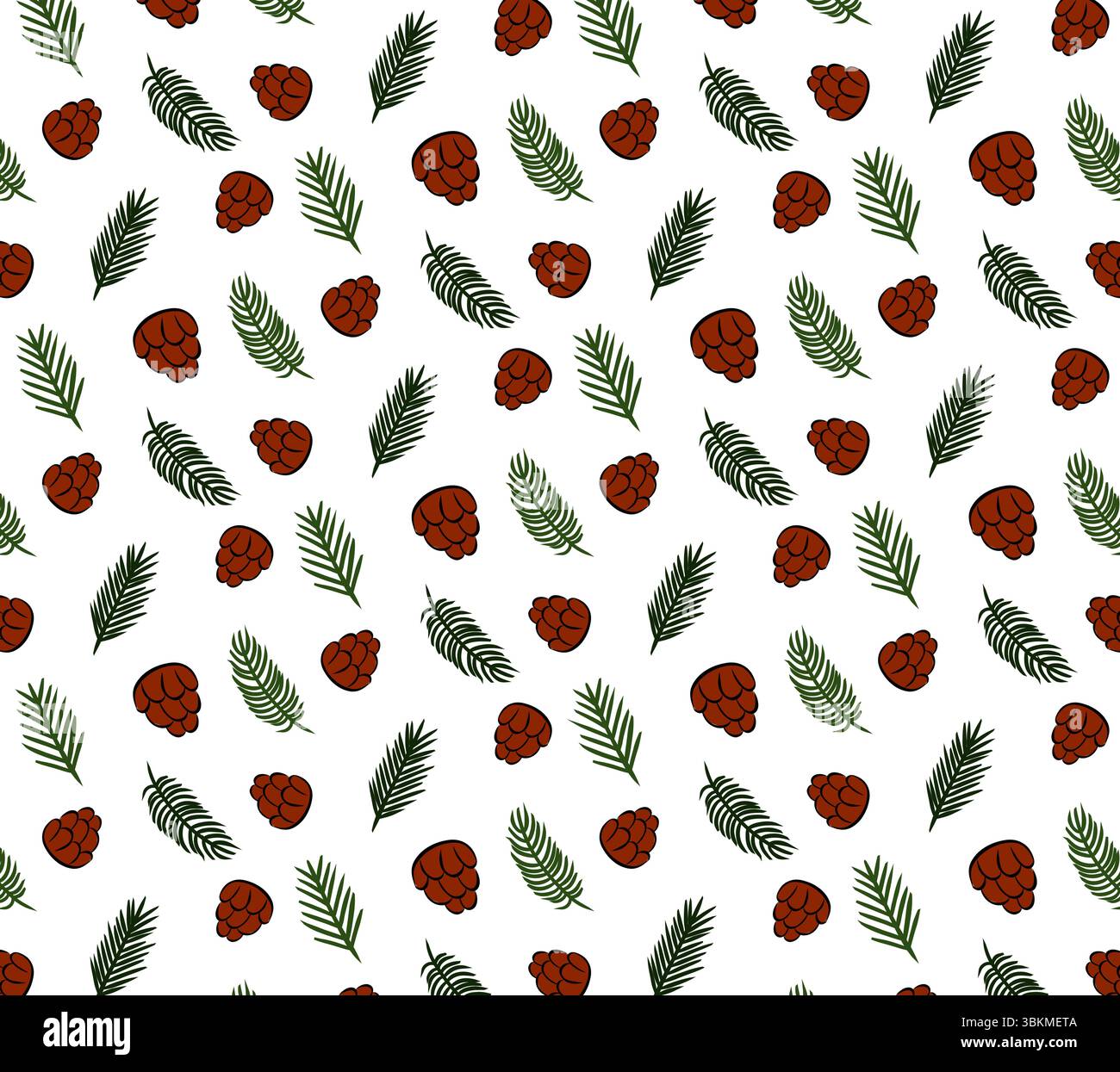 Nahtloses Muster von Kiefernästen und -Kegeln. Abbildung der grafischen Vektorfarbe. Perfekt für Karten, Dekorationen, Aufkleber, Logo, Menü, verschiedene Designs. Stock Vektor