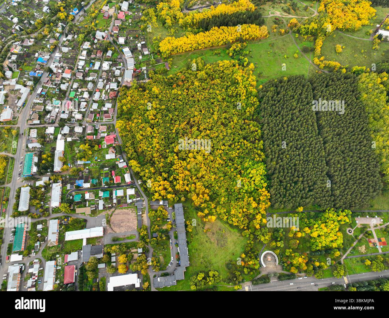 Ein Blick von oben nach unten auf ein Wohngebiet neben einem lebhaften Herbstwald mit gemischten grünen und gelben Bäumen in Ridder, Kasachstan Stockfoto