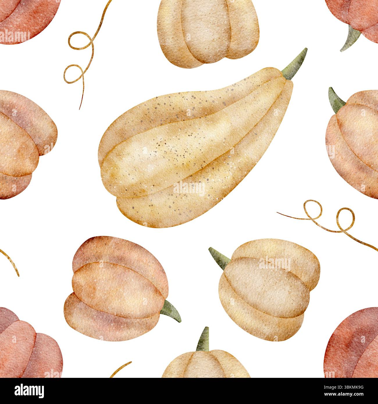 Kürbismuster gelb, orange, rot. Aquarellillustration Herbsternte Gemüse handgezeichnet. Nahtloser Druck auf isoliertem Hintergrund für Design Stockfoto