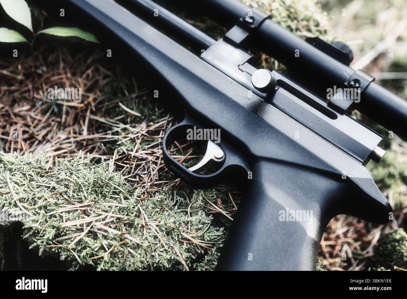 Pistolenauslöser Ziel Nahaufnahme Sport Shooter Schütze Hobbyverteidigung Schusswaffen Gewehr Munition Schutz Kugeln Jagd Luftgewehrschalldämpfer Stockfoto