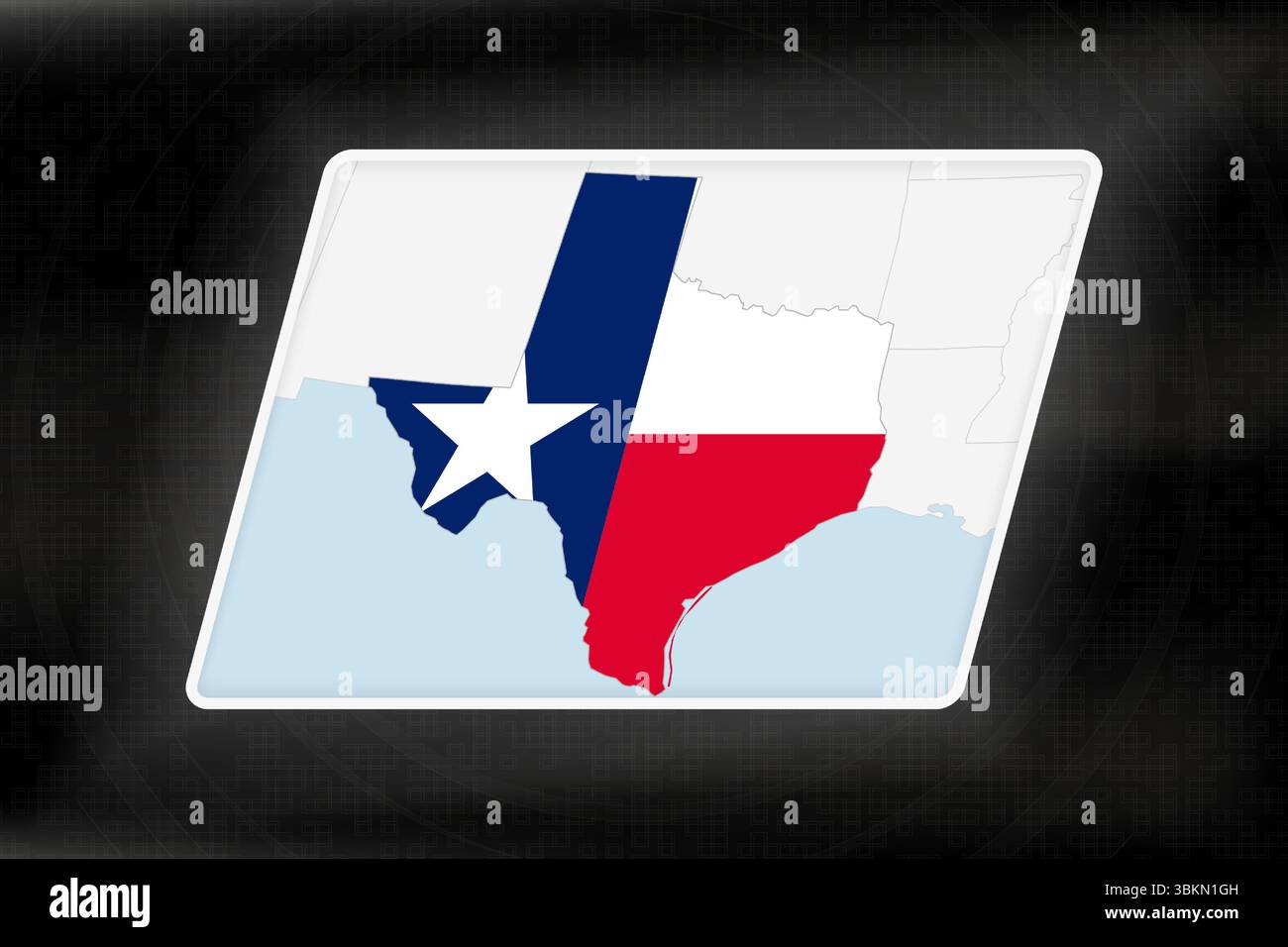 Texas wird in Flaggenfarben auf der geografischen Karte hervorgehoben. Moderne Karte vor dunklem abstraktem Hintergrund. Stock Vektor