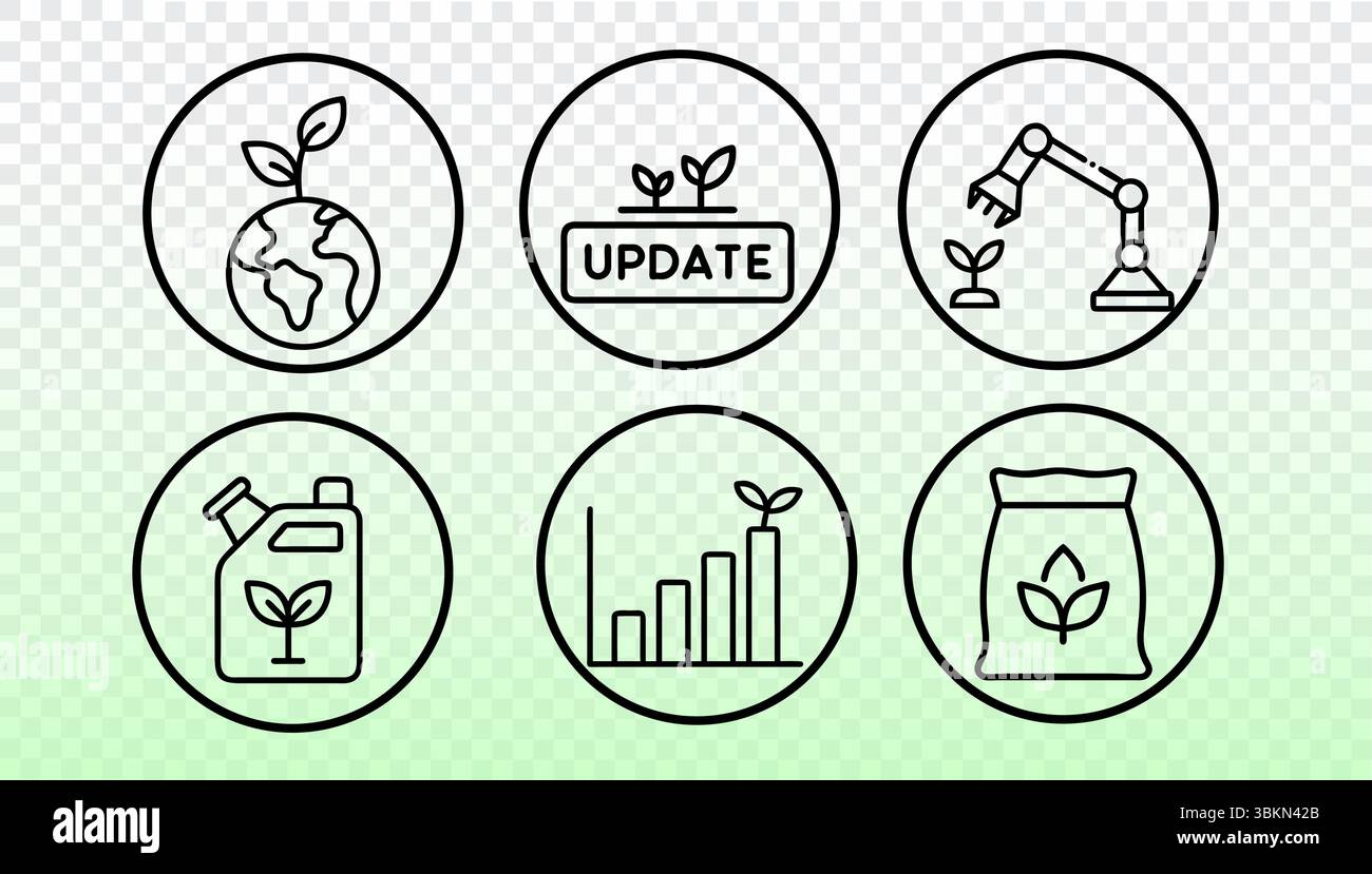 Symbole für ökologische Landwirtschaft mit Wachstumssymbolen. Green Farming aktualisiert Symbole in linearer Kontur. Biotechnologie Landwirtschaft Nachhaltigkeit ökologische Lebensmittel Stock Vektor