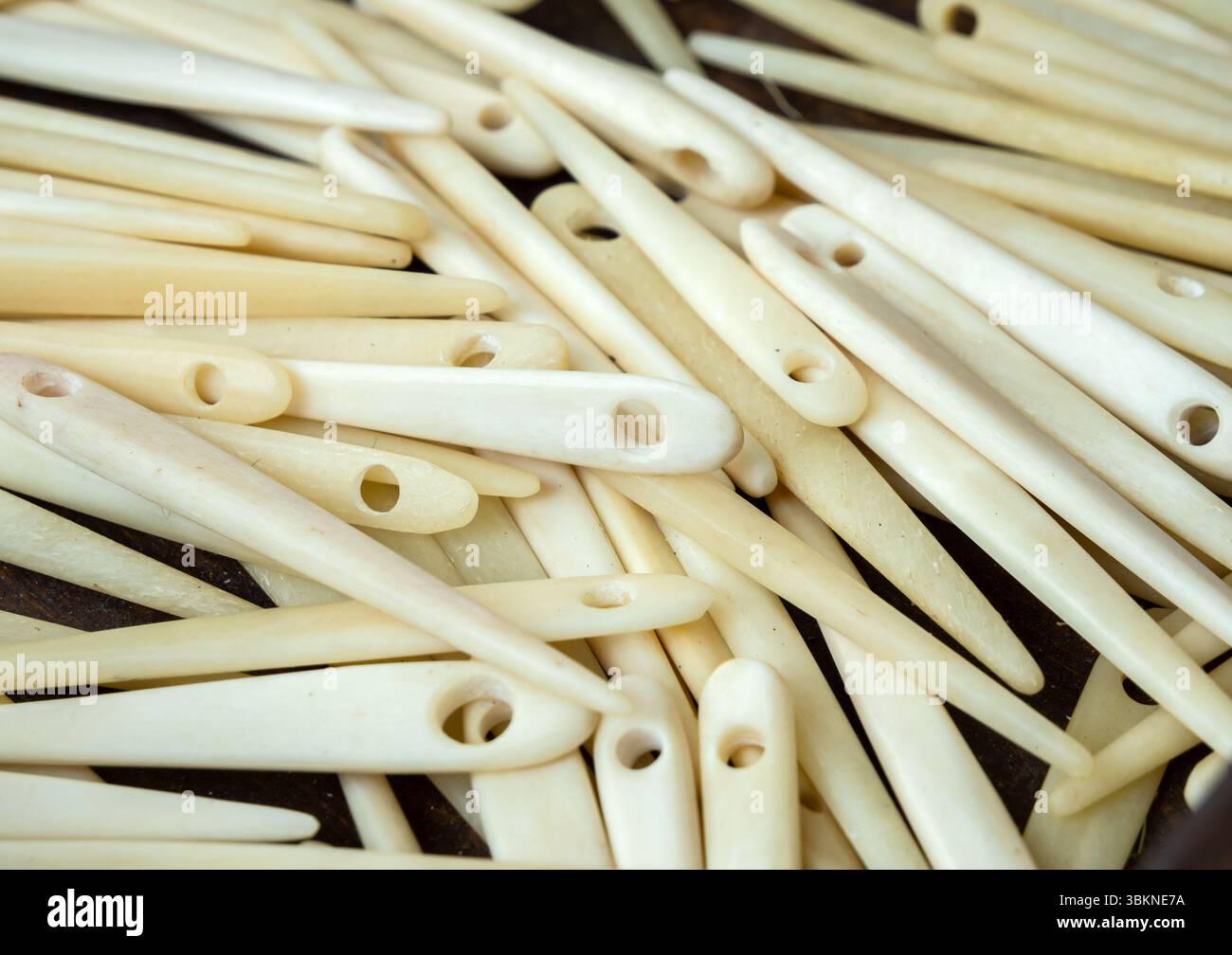 Knochennadeln zum Nähen von Tapeten. (Geringe Schärfentiefe) Stockfoto