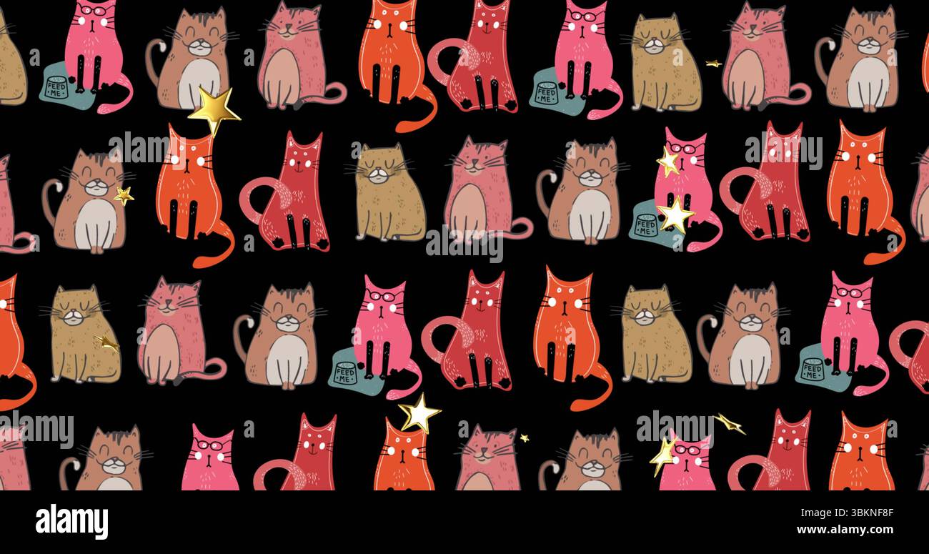 Mit sich wiederholenden Katzenmustern auf massiver schwarzer Leinwand, Feed Me Tassen und gelben Sternen Stockfoto