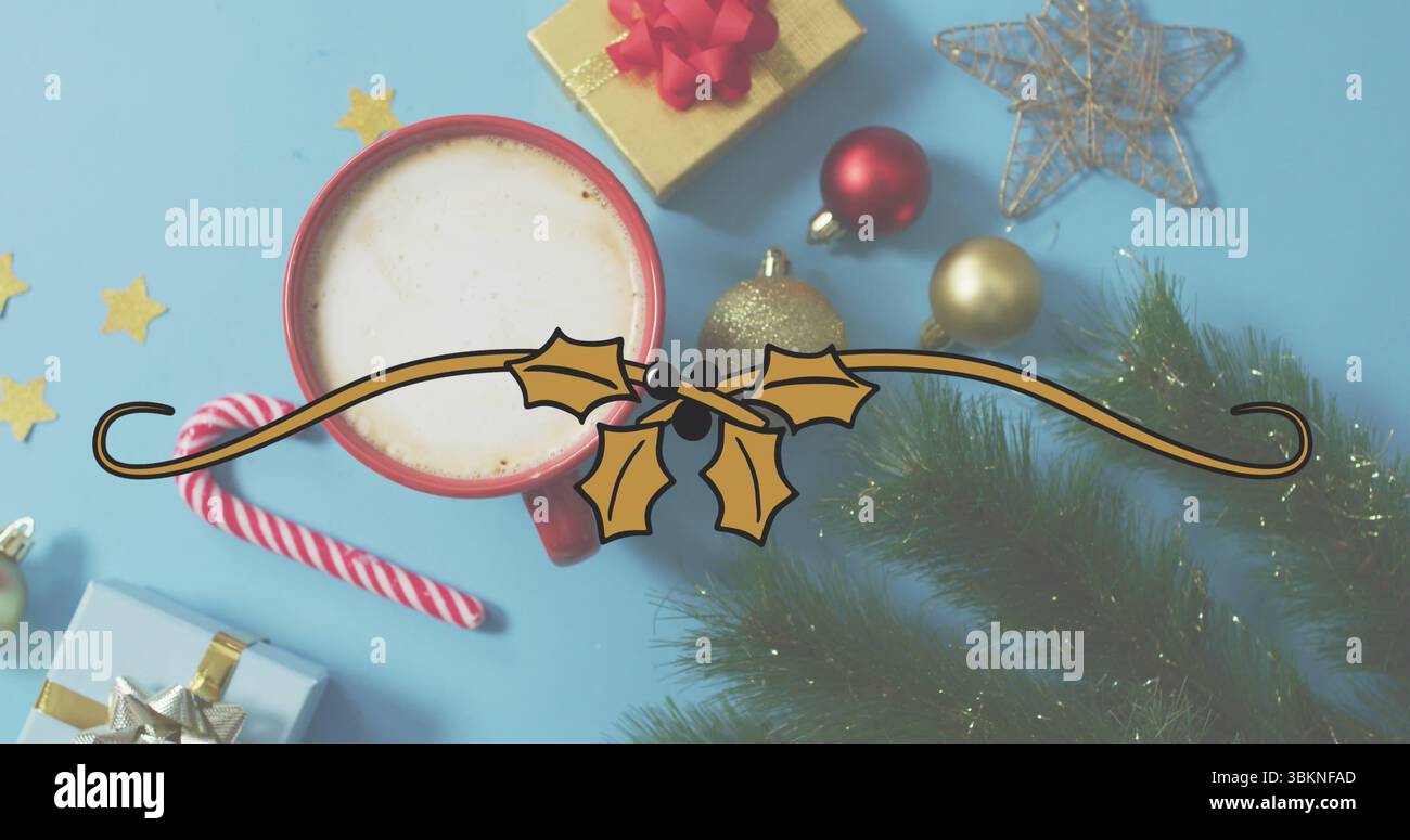 Roter Becher gefüllt mit Schaum auf hellblauer Oberfläche, mit Zuckerrohr, Geschenken, Kopierraum Stockfoto