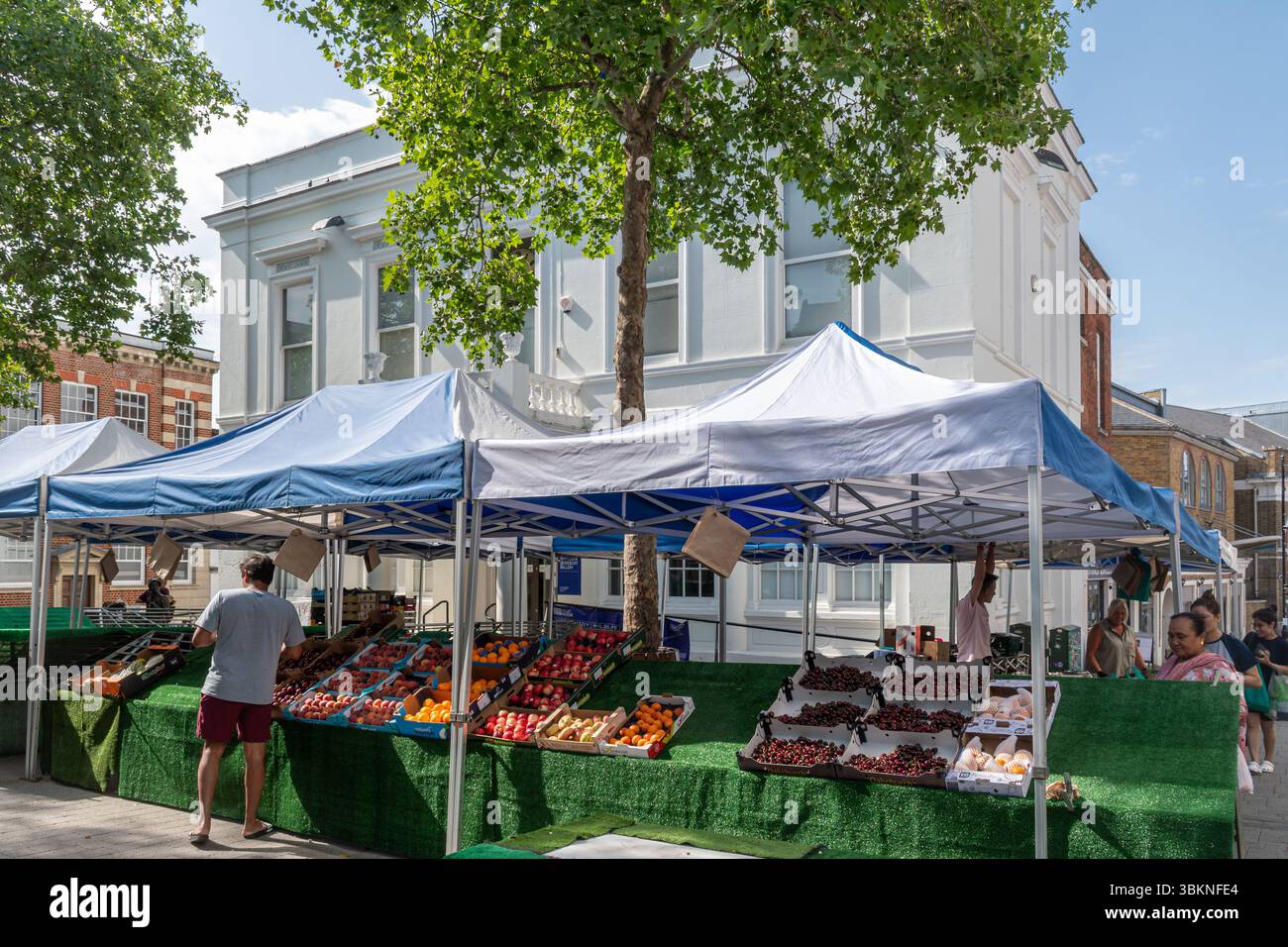 Markttag in Basingstoke, ein Obst- und Gemüsestand auf dem Marktplatz vor dem Rathaus, Hampshire, England, Großbritannien Stockfoto