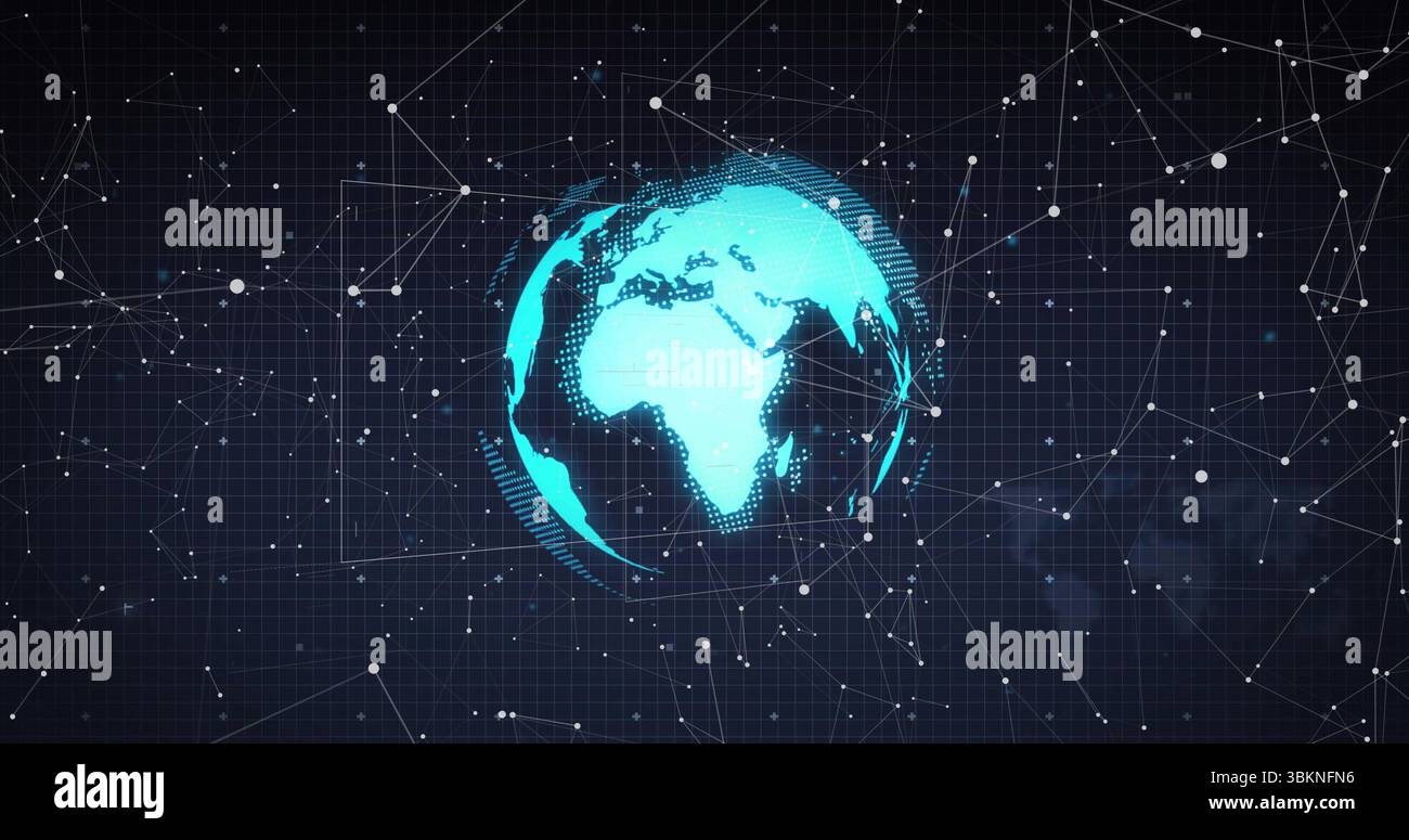 Schwebende, türkisfarbene Digitalkugel, die Kontinente in einem Tech-Grid-Netzwerk mit Knoten und Leitungen zeigt Stockfoto