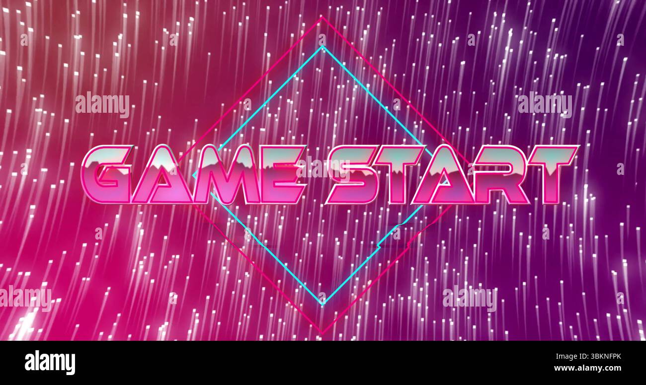 Blinkender Neontext für DEN SPIELSTART in futuristischer digitaler Umgebung mit Diamantrahmen Stockfoto