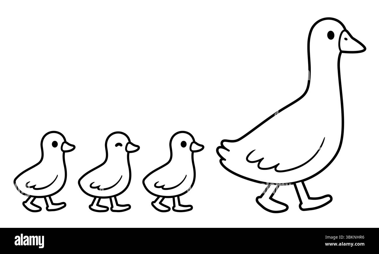 Niedliche Cartoon-Gänse, die mit drei Baby-Gänsen laufen. Schwarzweiß-Strichgrafik zum Ausmalen. Einfache Zeichnung, isolierte Vektorgrafik. Stock Vektor