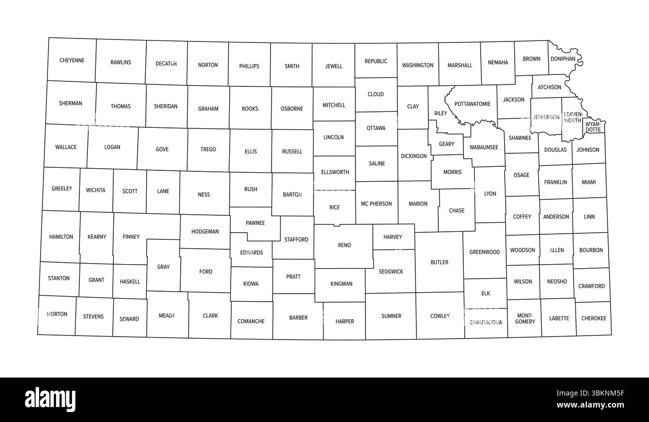 Bundesstaat Kansas, unterteilt in 105 Countys, politische Karte mit Grenzen und County-Namen. Bundesstaat im Mittleren Westen der Vereinigten Staaten. Stockfoto