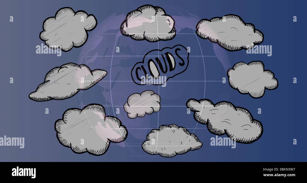 Anzeige von handgezeichneten Wolken, die zentrale WOLKEN umkreisen, in digitaler Illustration mit Globus-Motiv Stockfoto