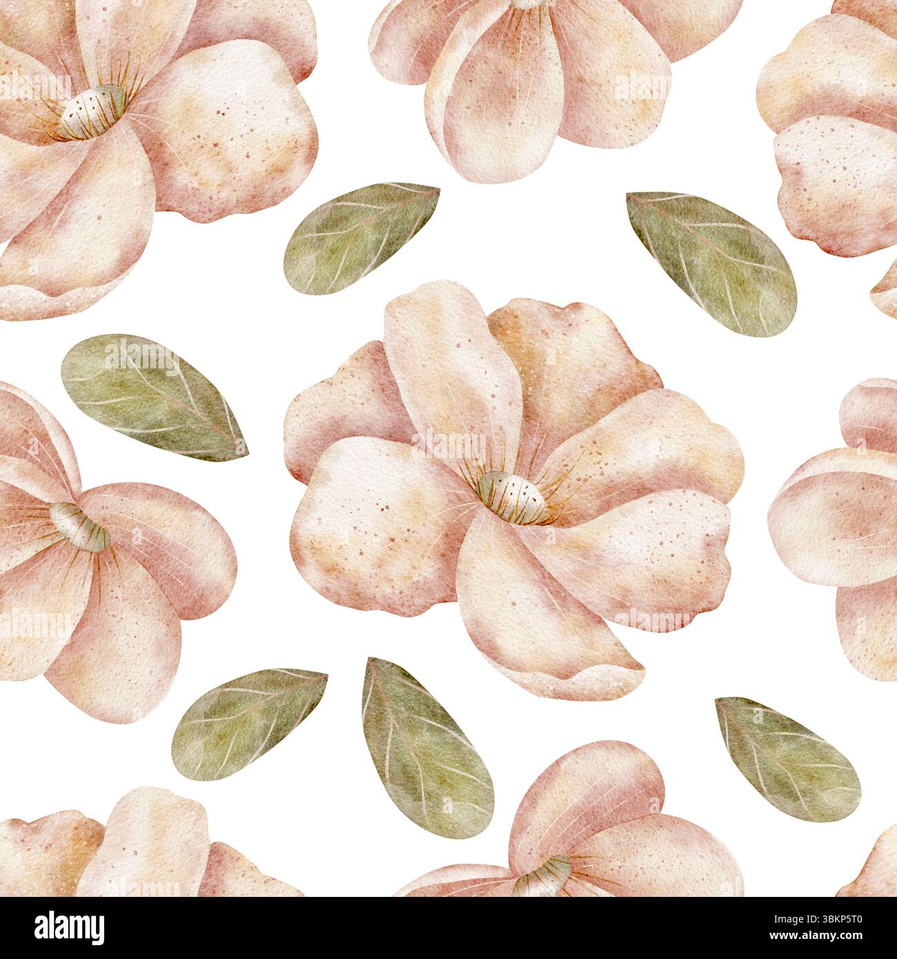 Aquarellmuster von rosa Blumen. Abbildung von Pfingstrosen, Rosen in Herbstfarben ist handgezeichnet. Nahtloser Druck auf isoliertem Hintergrund für Textilien Stockfoto