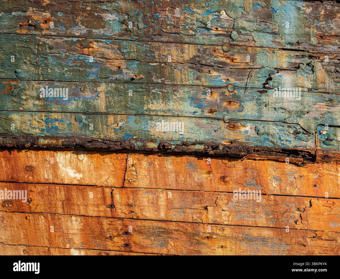Nahaufnahme von abblätterndem lackiertem Holz mit rostigen Orange- und Blautönen. Verwitterte Textur mit reichen Oberflächendetails, ideal als rustikaler Hintergrund oder Abstra Stockfoto