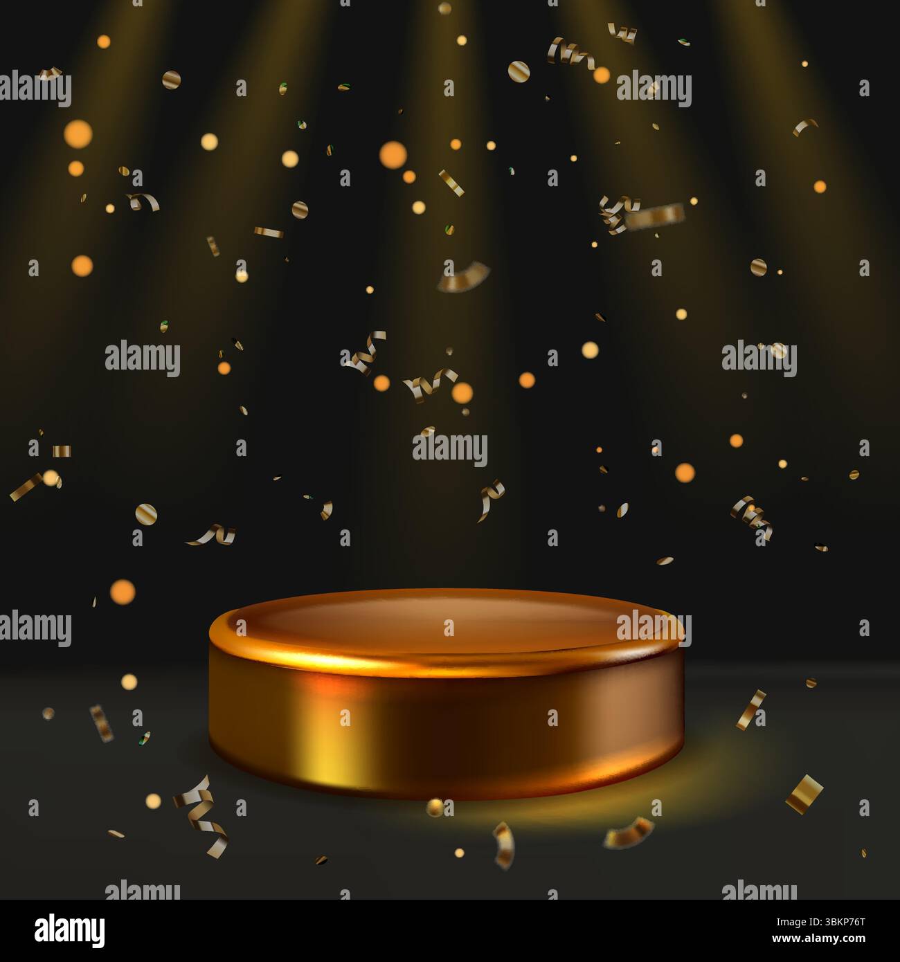 Goldener Sockel, Konfetti auf dunklem, beleuchtetem Hintergrund. Vektor 3D realistisches Podium Illustration. Designelemente zum Vorführen, Feiern, Auszeichnungen Stock Vektor