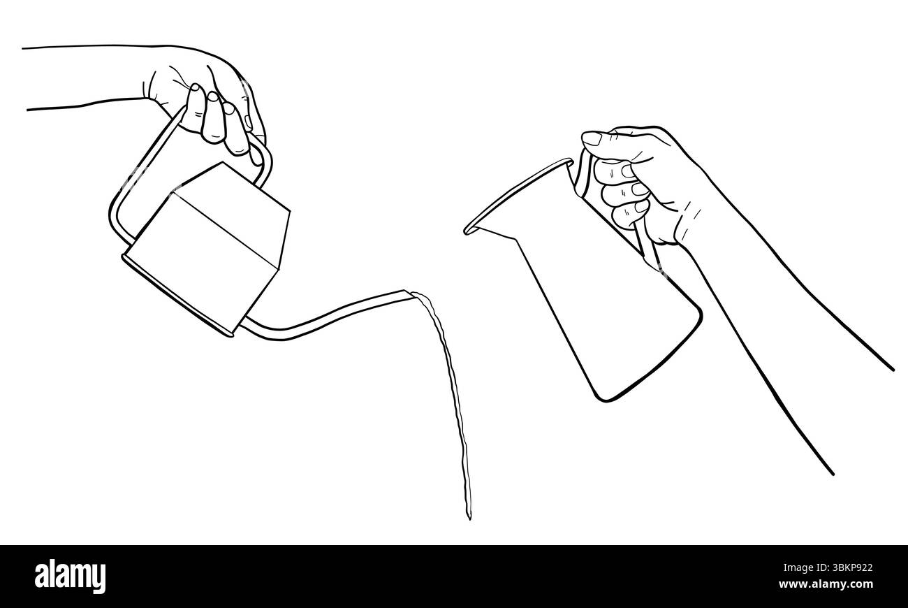 Menschliche Hände, die Hauspflanzen mit Wasserkanne bewässern. Konzept der Pflanzenpflege, Hausplat, Gartenbau, Pflanzenbau. Handgezeichnete Vektorlinie Illustration mit Stock Vektor