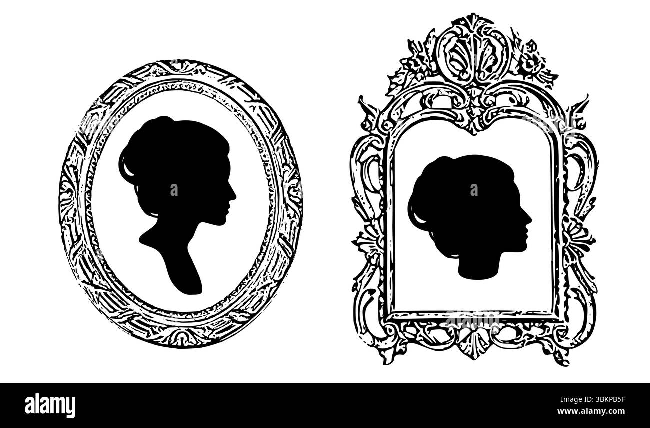 Vintage Silhouette Porträts von Frauen in kunstvollen Rahmen Stock Vektor