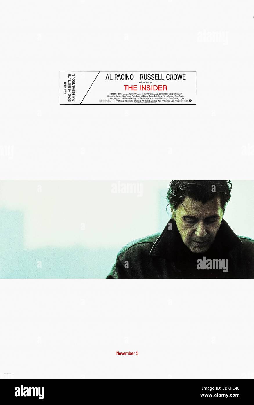 The Insider (1999) von Michael Mann mit Al Pacino, Russell Crowe und Christopher Plummer. Ein Chemiker wird persönlich und beruflich angegriffen, als er sich entschließt, in einem 60-minütigen Exposé über Big Tobacco zu erscheinen. Foto eines Original-Posters aus dem Jahr 1999 (USA), das NUR FÜR REDAKTIONELLE ZWECKE VERWENDET WIRD. Quelle: BFA / Touchstone Pictures Stockfoto