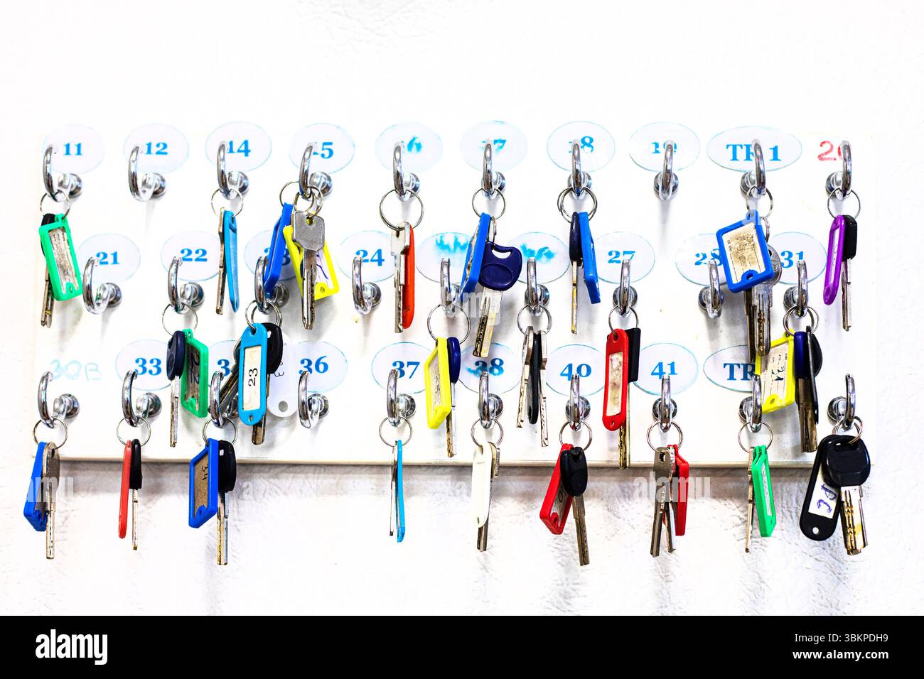 Gerätehaken für Schlüssel aus Büros und Schränken an einer Lichtwand im Innenraum. Zurück zur Schule Stockfoto