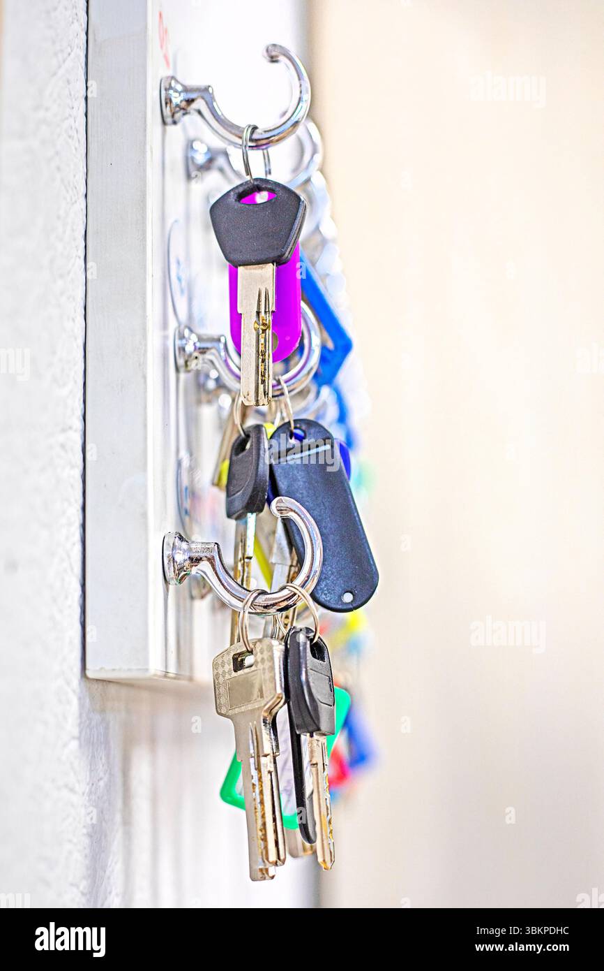 Gerätehaken für Schlüssel aus Büros und Schränken an einer Lichtwand im Innenraum. Zurück zur Schule Stockfoto