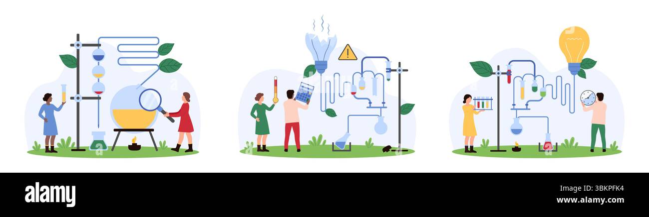 Erfolg und Misserfolg des wissenschaftlichen Experiments, Ergebnisanalyse Set. Winzige Leute studieren chemische Flüssigkeit in Flasche mit Lupe, verbinden gebrochene und helle Birne mit Rohr Cartoon Vektor Illustration Stock Vektor