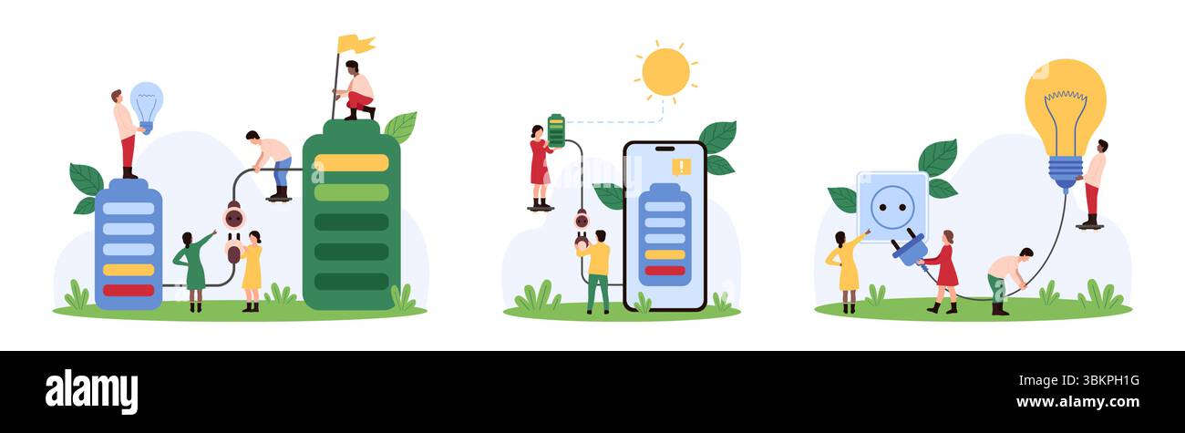 Umweltfreundliche Stromerzeugung, elektrisches Batterieladegerät Set. Winzige Leute halten Glühbirne im Stecker, schließen wiederaufladbare Batterie an Solarstrom an, um Zeichentrickvektor-Illustration aufzuladen Stock Vektor