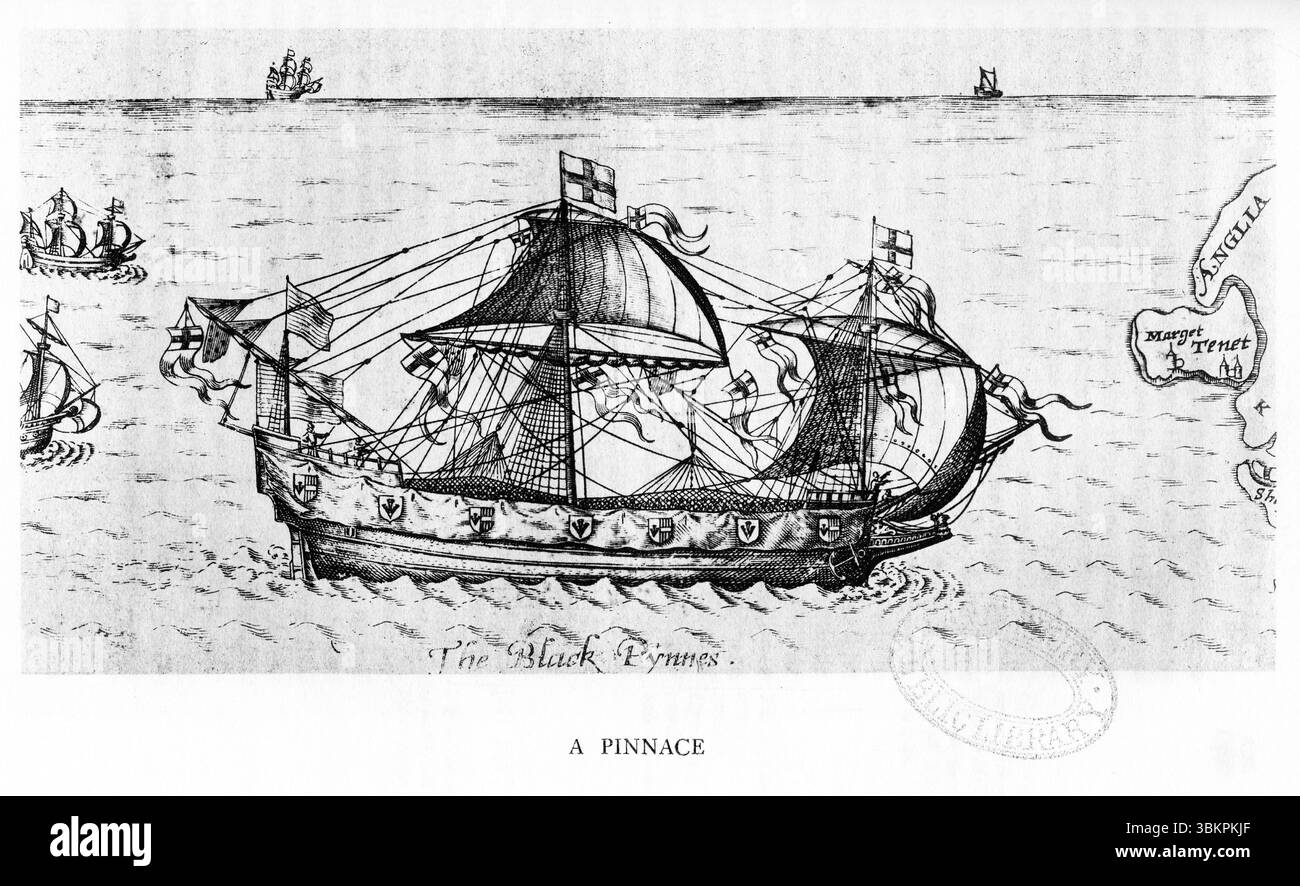 Das Schiff „Black Pinnace“ bringt die Leiche von Sir Philip Sidney 1585 von Vlissingen nach London. Bild aus Richard Hakluyts Büchern on the Principal Voyages Traffiques and Discoveries of the English Nation, 1604 Stockfoto