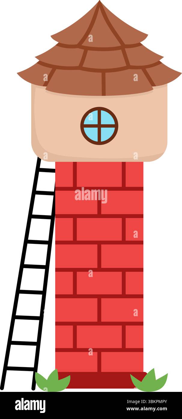 Vektor-Zeichentrickturm. Märchenhafte oder antike rote Ziegelbaukone mit Ziegeldach und Leiter. Mittelalterliche Turmdarstellung isoliert auf weißem bac Stock Vektor