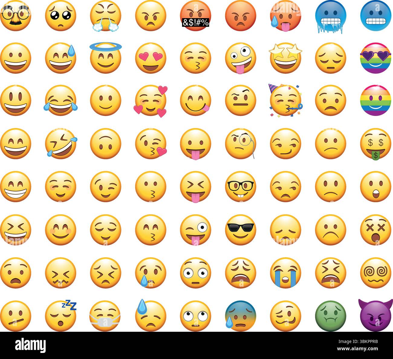 Set aus 72 runden gelben Emojis mit verschiedenen Gesichtsausdrücken: Glücklich, frech, weinend, verliebt, krank, Party, überrascht, böse und mit dem LGBTI Stock Vektor