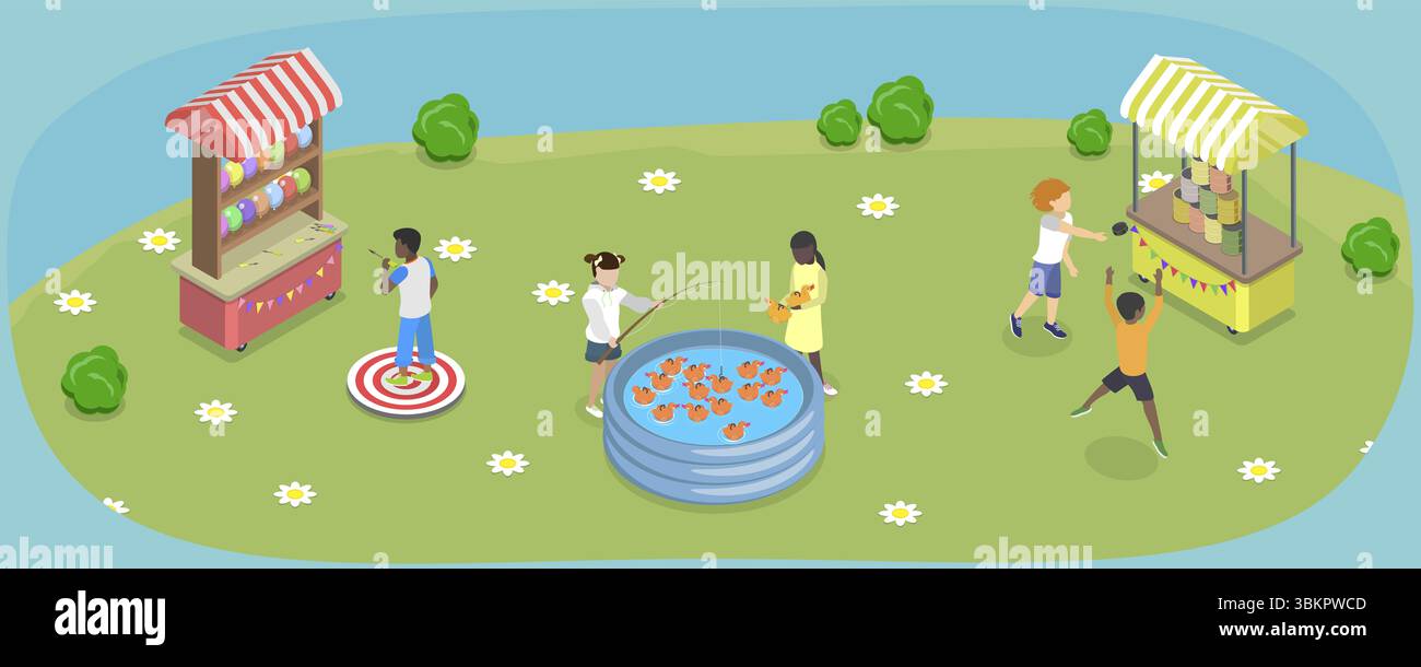 Isometrische flache 3D-Illustration von Schulfairen Spielen im Freien, Spielplatzunterhaltung Stockfoto