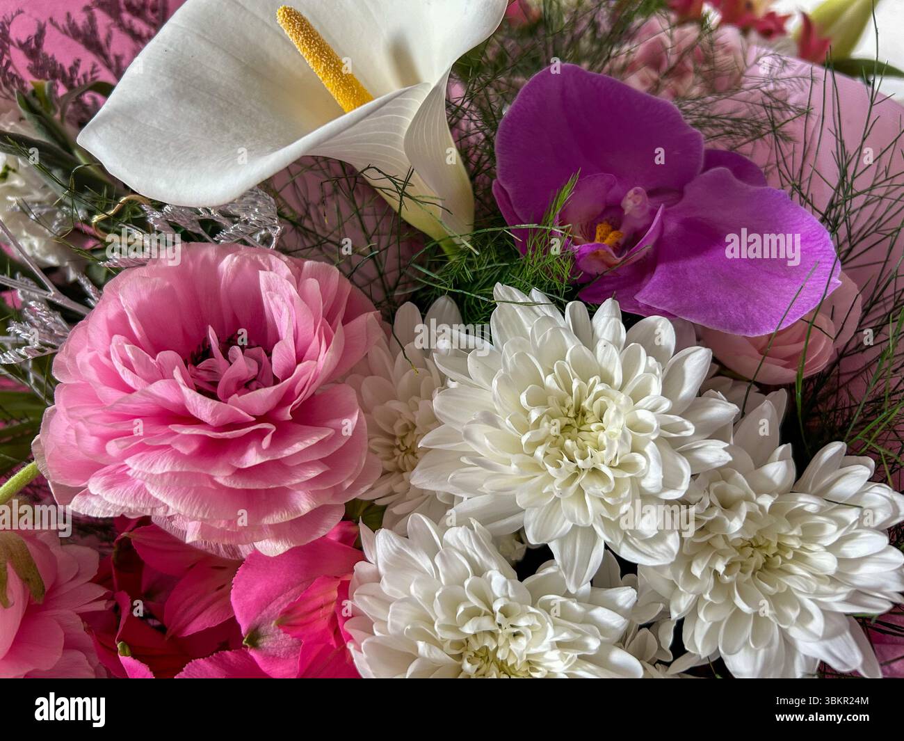 Nahaufnahme eines raffinierten Blumenstraußes mit weißer Calla-Lilie, lila Orchidee, rosa Ranunkeln und weißen Chrysanthemen, perfekt für Hochzeiten, cel - Smartphone-aufgenommenes Stockfoto