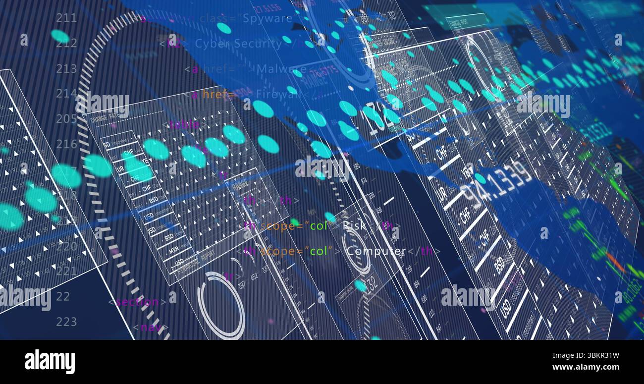 Komplexe Cybersecurity-Schnittstelle, die auf dem Raster angezeigt wird, mit transparenten Panels und Codelinien-Overlay Stockfoto