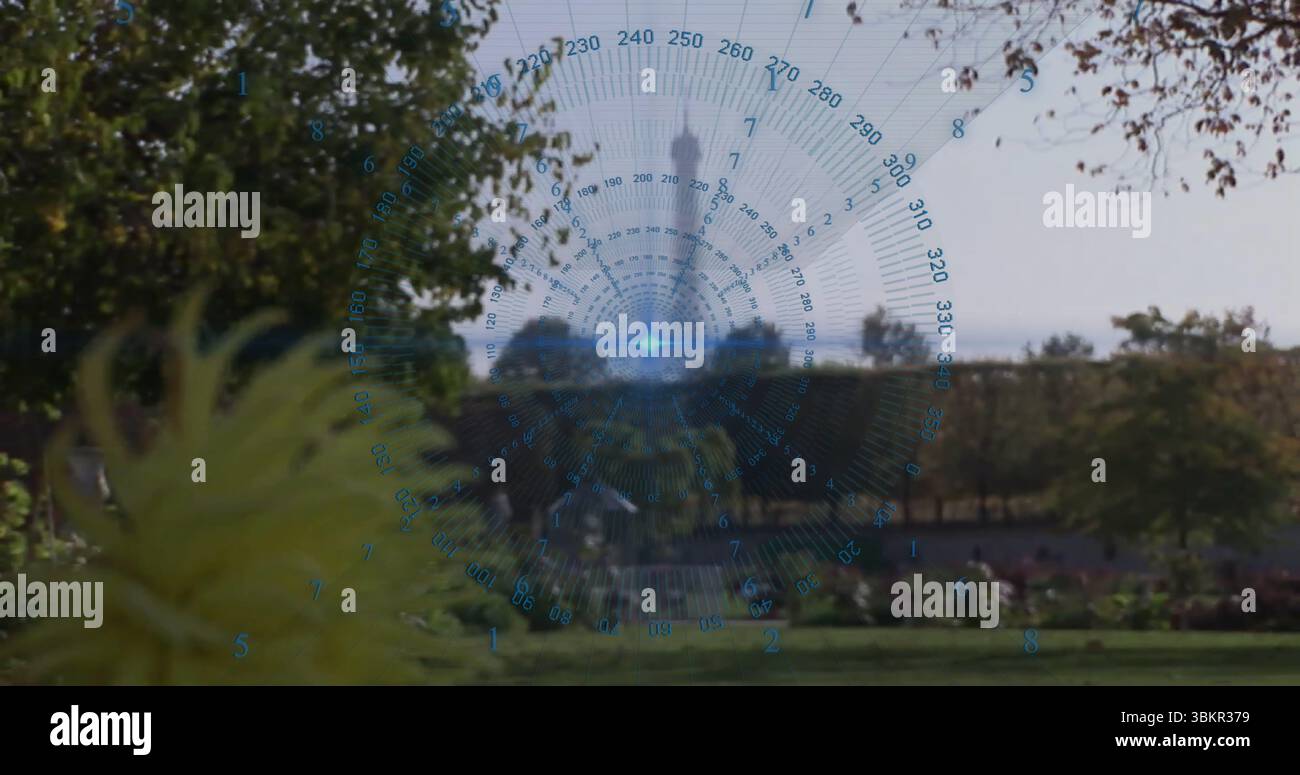 Überlagert sich die digitale Kompassanzeige über dem Parkrasen und zeigt gelbe Blumen und grüne Sträucher Stockfoto