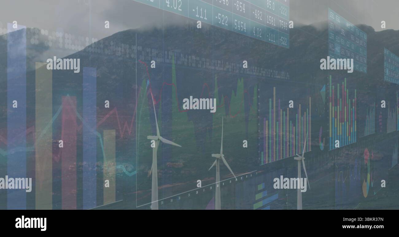 Drei Windenergieanlagen auf grünem Bergrücken mit Balken-, Linien-, Tortendiagrammen und numerischen Feldern Stockfoto