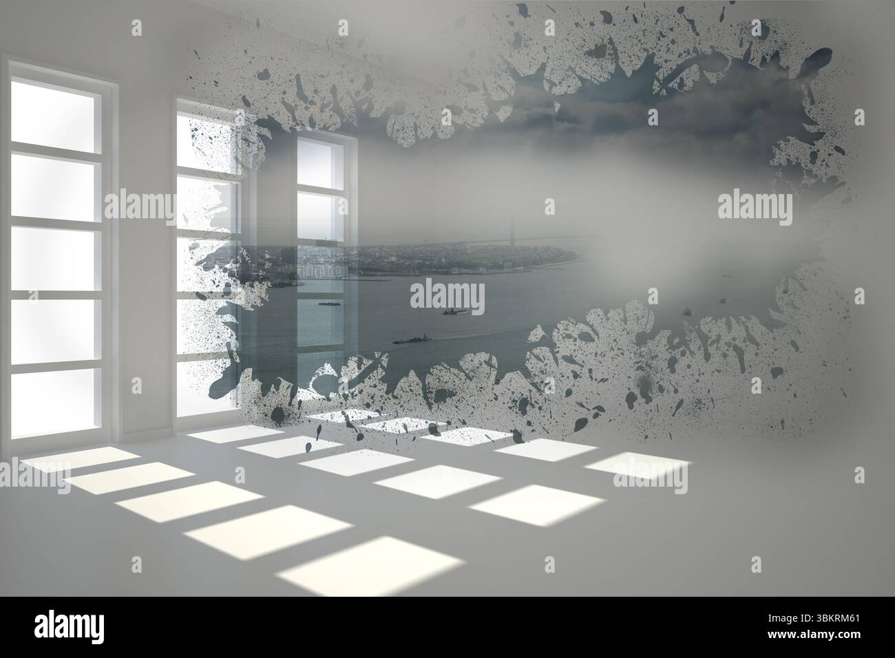 Das Stadtbild am Wasser ist auf der Galeriewand mit einem Farbspritzer-Rahmen in flachem Design zu sehen Stockfoto