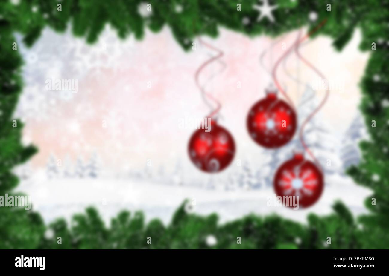 Die Winterszene mit flachem Design zeigt drei rote Kugeln mit Schneeflocken, die an der immergrünen Grenze hängen Stockfoto
