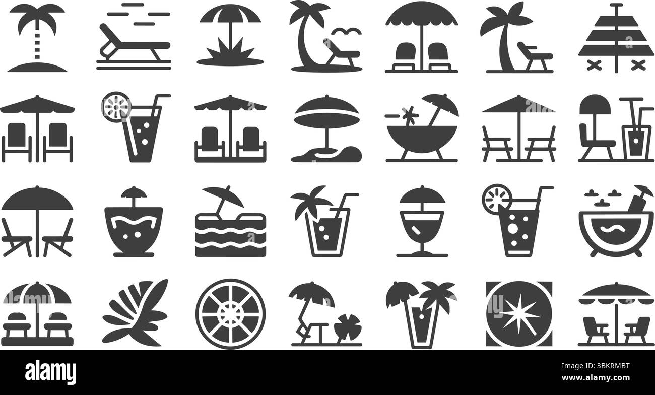 Tropical Beach Urlaub Icons Entspannung, Getränke und Paradies Stock Vektor