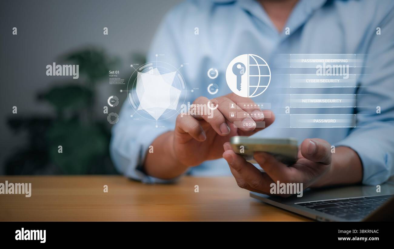 Sicherer Zugriff, Netzwerksicherheit, digitaler Datenschutz, Online-Sicherheit und IT-Lösungen. Eine Person interagiert mit einer holografischen Schnittstelle auf einem Smartphone, Stockfoto