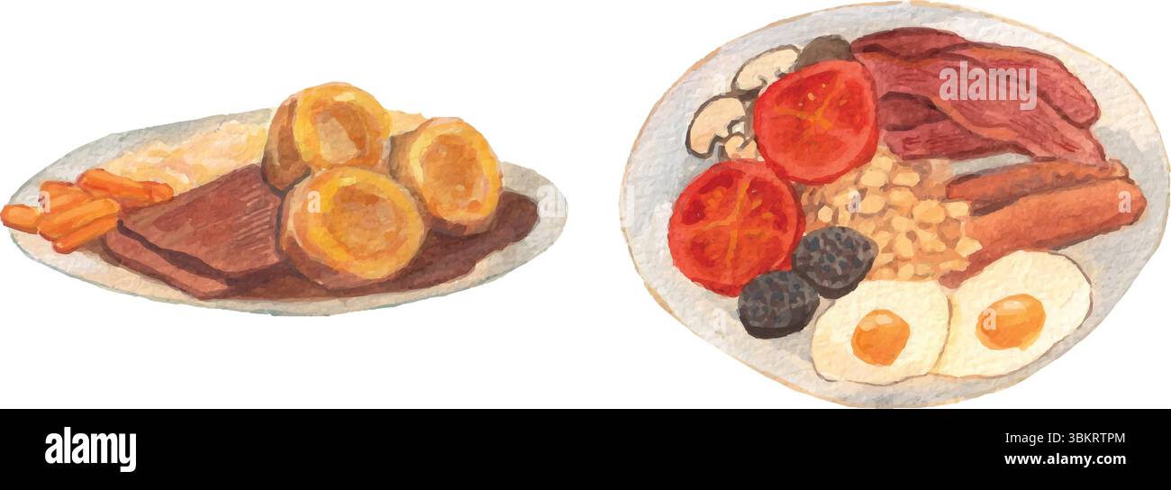 Sonntagsbraten und englisches Frühstück Aquarell Illustration. Berühmtes Essen in England, Europa. Verschiedene Zutaten: Eier, Yorkshire Pudding, Speck. Stock Vektor
