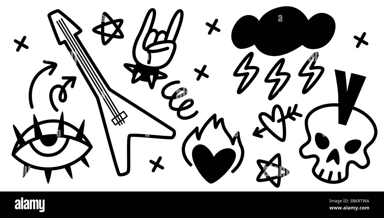 Ausgefallenes Punkrock-Doodle-Set mit Schädel und Gitarre, Blitz und scharfem Auge, Herz und Flammen. Kühne, handgezeichnete schwarze Ikonen für alternative Musikkultur, Grunge-Mode, Underground-Kunst. Stock Vektor