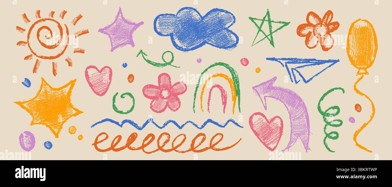 Kindliche Buntstift-Doodle-Kollektion mit bunten handgezeichneten Elementen im verspielten Scribble-Stil. Skurrile Designs für die Einrichtung im Kinderzimmer. Lustige, skizzenhafte Illustrationen mit lebendiger Kreidestruktur. Stock Vektor