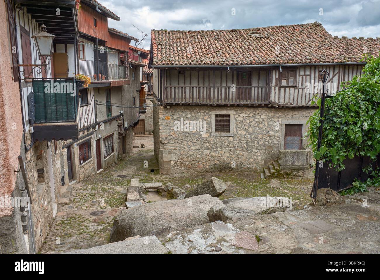 Gepflasterte Gasse in La Alberca, flankiert von traditionellen Stein- und Fachwerkhäusern, mit Balkonen und Fenstern, die mit Töpfen und Blumen dekoriert sind. Stockfoto