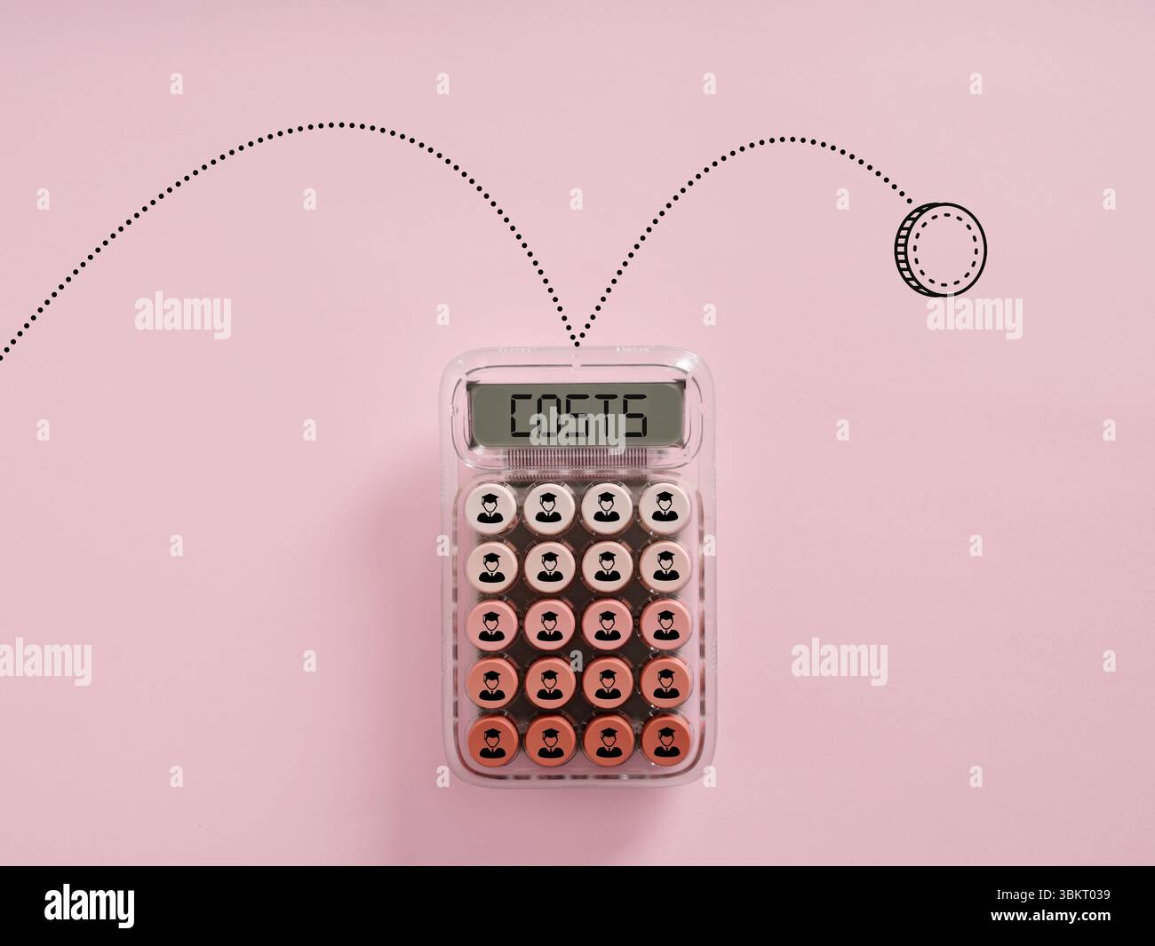 Taschenrechner mit Symbolen für Absolventen und einer Flugbahn, die steigende Kosten anzeigt und die steigenden Ausgaben für Bildung darstellt Stockfoto