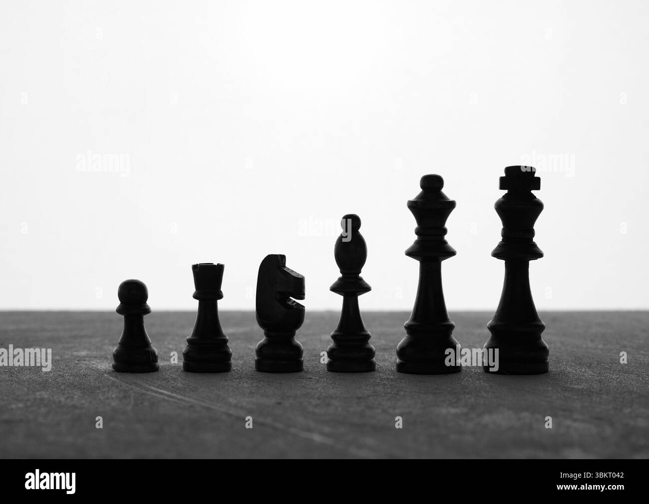 Silhouetten von Schachfiguren, die auf einer grauen Oberfläche vor weißem Hintergrund angeordnet sind, stehen für Strategie, Wettbewerb und Führung Stockfoto
