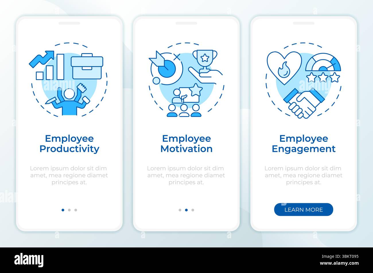 Blauer Bildschirm der mobilen Onboarding-App für das Ergebnis der Arbeitszufriedenheit Stock Vektor