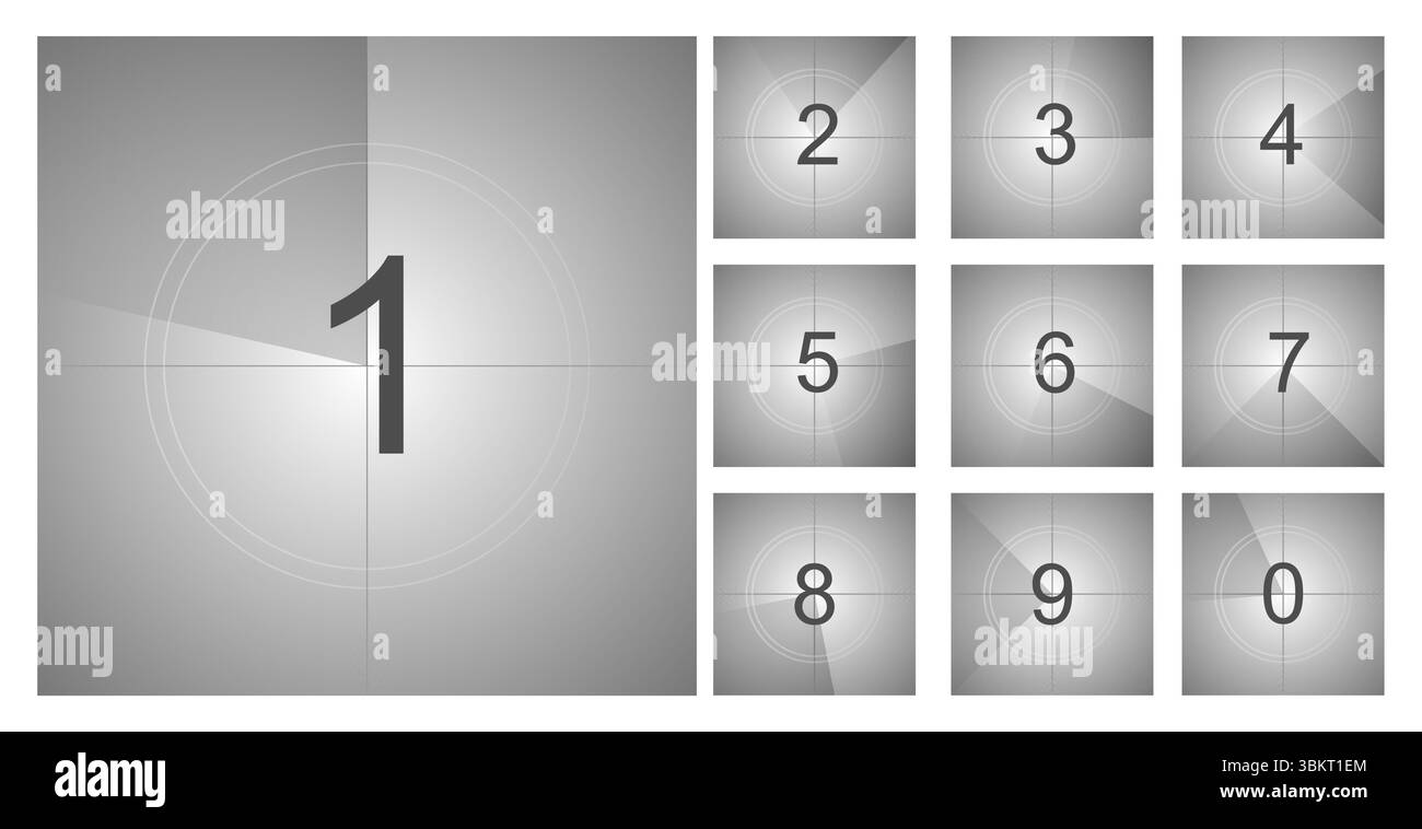 Countdown-Filmrahmen, Film-Intro-Animation Retro-Videobildschirm. Start Timer Set, Filmstreifenrand, Vintage-Zähler. Vektorabbildung Stock Vektor