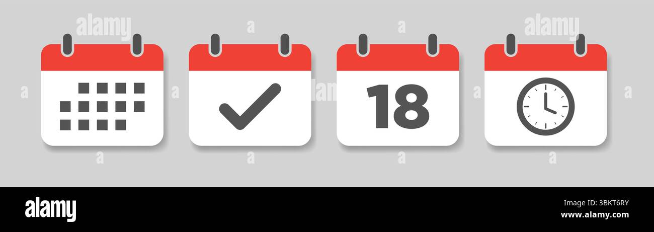 Kalendersymbol mit Uhrzeit und Datum in flacher Form. Jahr, Datum, Zeichnungszeichen im Kalender, Erinnerung an den Ereigniskalender, Termin, Zeitplanvorlage Stock Vektor